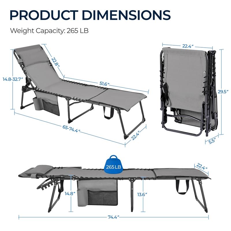 Silla plegable para tomar el sol en el patio, con orificio para la cara, tumbona reclinable ajustable en 5 posiciones, ranuras para los brazos, práctico espacio de almacenamiento para tomar el sol y broncearse la espalda.