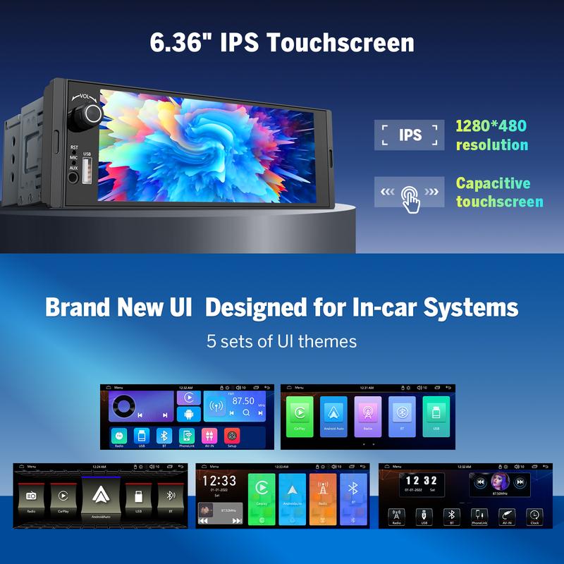 Autoestéreo DIN simple de 6.36", CarPlay inalámbrico y Android Auto, pantalla táctil IPS (1280x480), amplificador ST TDA7851, cámara de reversa, controles en el volante, Bluetooth 5.3, oferta Jumpstart - X3U