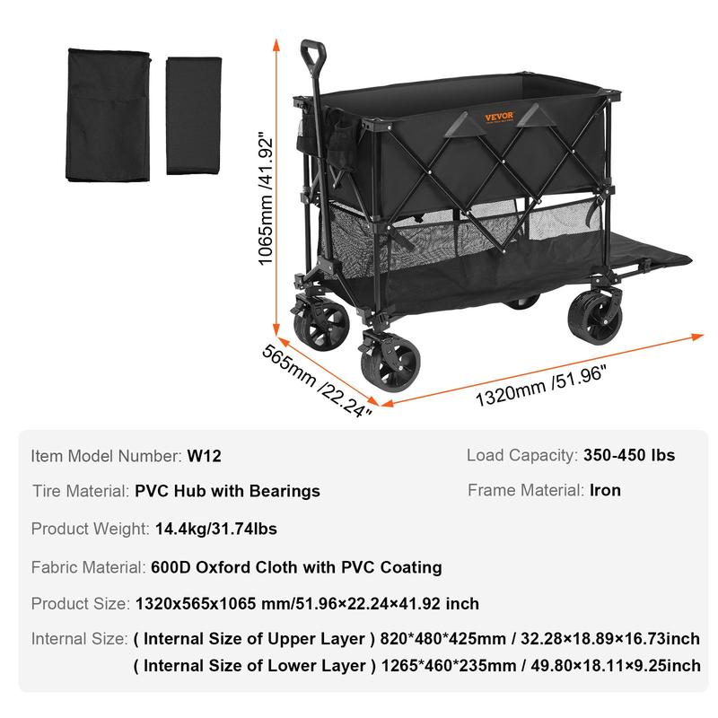 Carro plegable de dos pisos VEVOR con ruedas todoterreno. Carro plegable resistente para camping, compras y jardín. Extensor extralargo de 52 pulgadas.