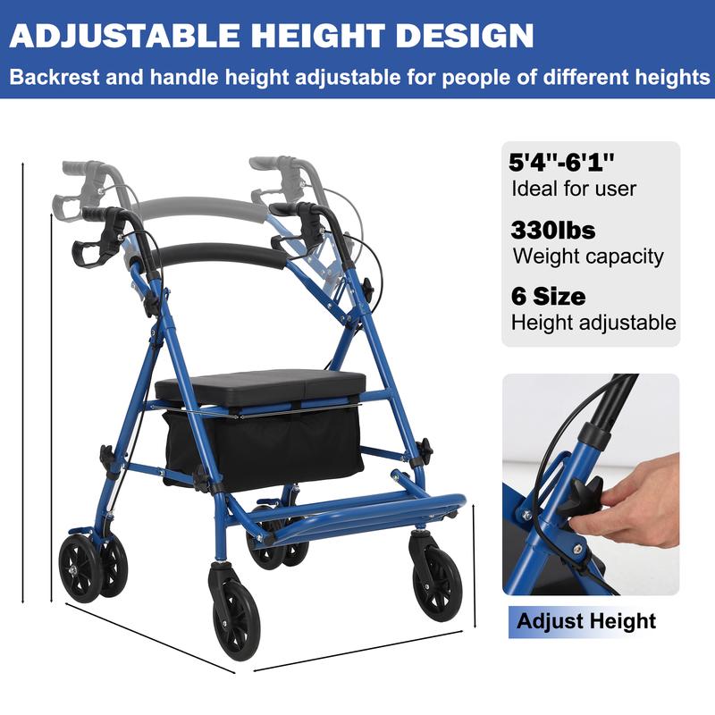 Andador plegable Garvee para personas mayores, asiento y respaldo acolchados, asas ergonómicas, bolsa de almacenamiento, reposapiés resistente, color azul.