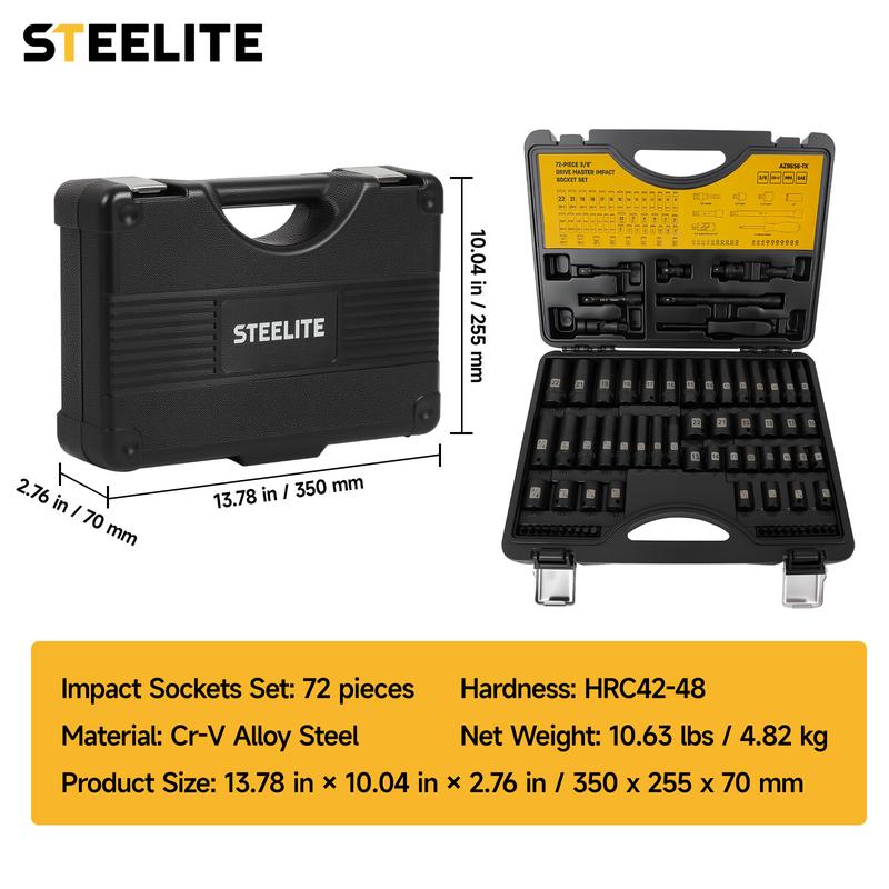 Juego de 72 piezas de llaves de impacto de 3/8", SAE (5/16"-3/4") y métricas (8-22 mm), 6 puntas, construcción CR-V, con barra de extensión, adaptador, junta universal, mango giratorio y puntas surtidas para reparaciones versátiles.