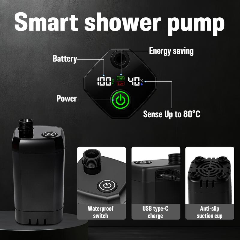 Ducha portátil para exteriores con bomba recargable de 6000 mAh, pantalla LED, cabezal ajustable de 3 modos con filtro PP, ventosas y cubo plegable de 5 galones: suministros esenciales para acampar, senderismo, viajes y lavado de autos.