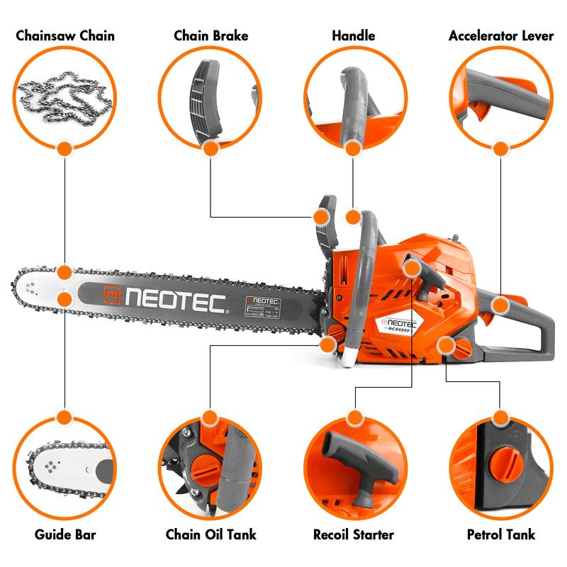 Motosierra de gasolina NEOTEC de 58 cc/62 cc/68 cc, de 2 tiempos, portátil, para tala de árboles, silvicultura y limpieza de patios tras tormentas. Incluye guantes y accesorios.