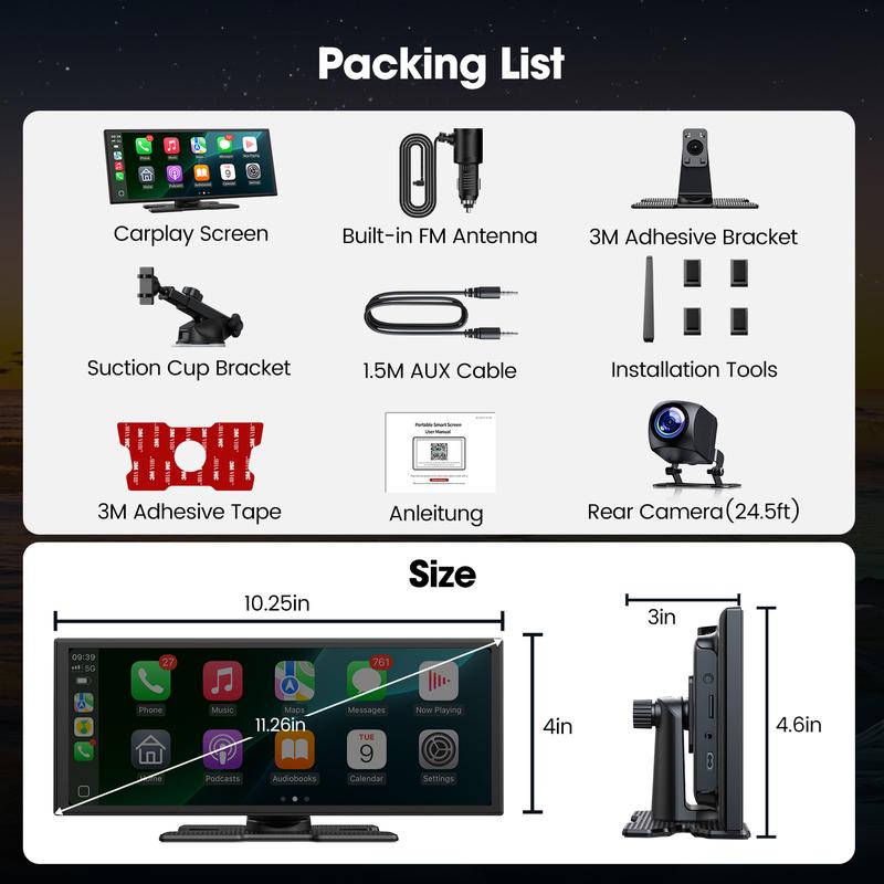 Pantalla inalámbrica CarPlay de 10,25 pulgadas: compatible con las aplicaciones TikTok, Netflix y YouTube, uso de aplicaciones en pantalla dividida, cámara de visión trasera, navegación y asistente de voz. Compatible con iOS 10+ y Android 11+.