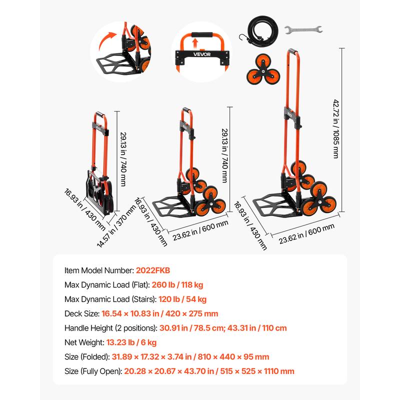 【Summerfinds】VEVOR Stair Climbing Dolly - 120 lbs Capacity, Portable Foldable Ergonomic Durability Cart, Telescoping Handle, 6 Large Wheel Carts, 2 Bungee Cords for Home, Groceries, Durability Carts