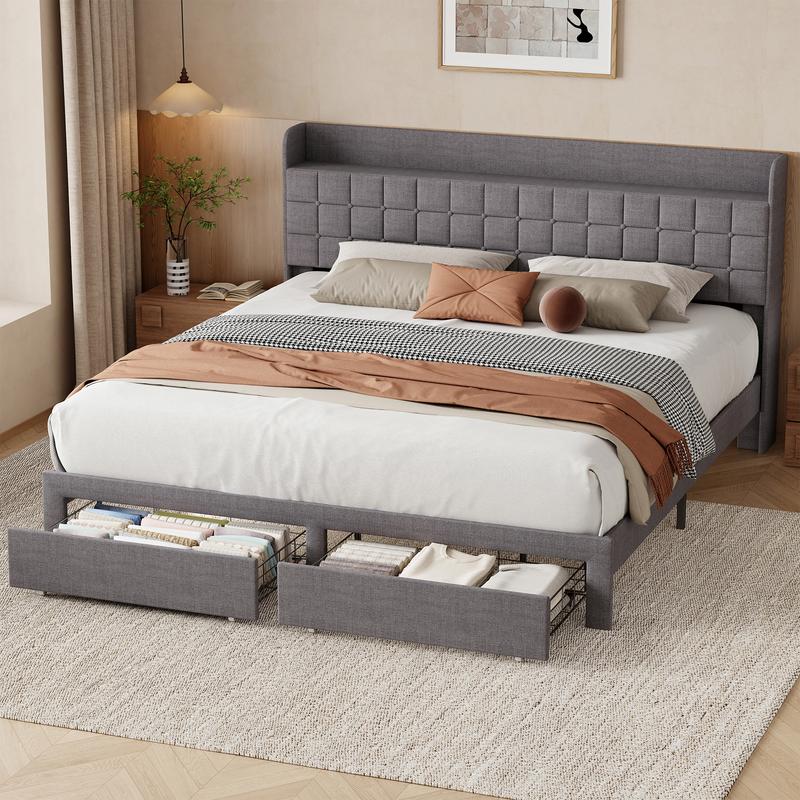 Estructura de cama híbrida resistente de metal tapizado con cabecero de tela - Tamaño Queen/King, 2 cestas de almacenamiento de metal, fácil montaje, decoración contemporánea para el hogar, muebles para apartamentos.