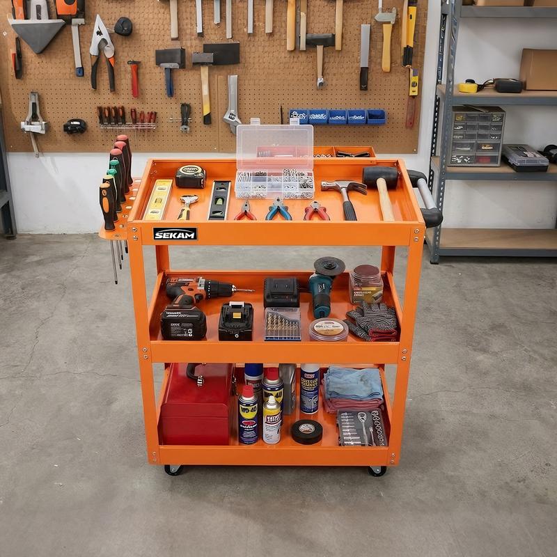 Carro utilitario metálico SEKAM de alta resistencia con capacidad para 150 kg (330 lbs) y base rodante de 4 ruedas. Carro de trabajo para garaje, almacén, taller y almacenamiento de herramientas para uso industrial.
