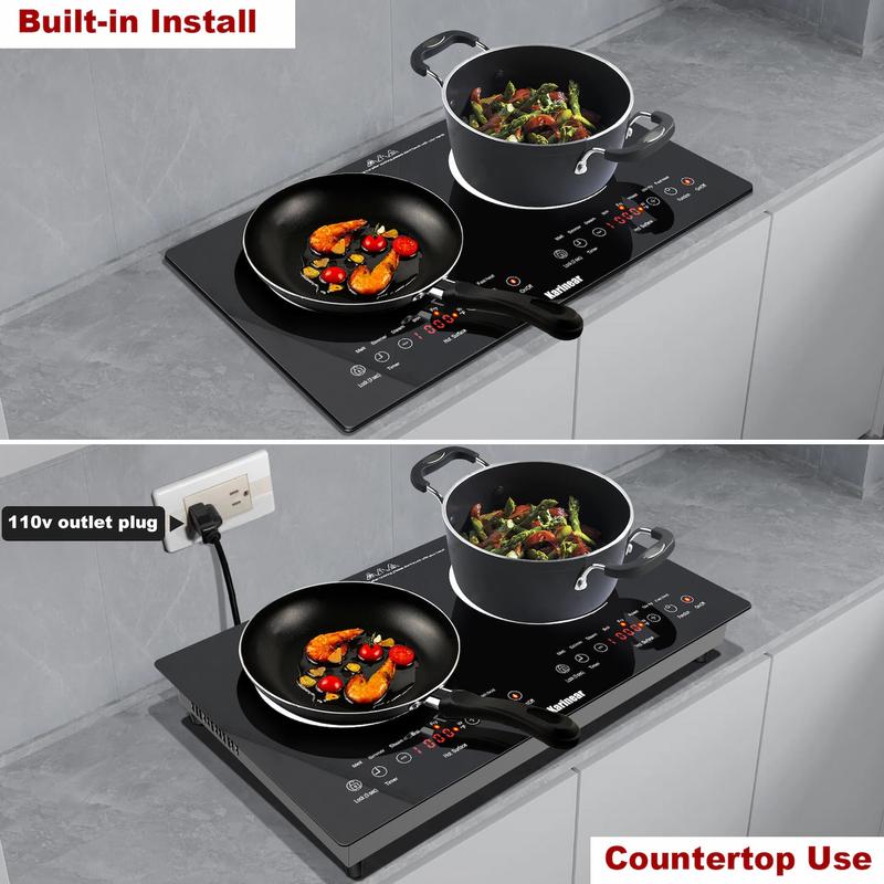 Placa de cocina eléctrica portátil multifunción Karinear de 2 quemadores, cocina eléctrica con control táctil, bloqueo de seguridad para niños, temporizador, protección contra sobrecalentamiento, electrodoméstico de cocina, placa de cocina portátil.