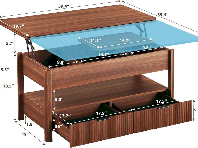 【Summergarden】Mesa de centro elevable de 101 cm (40"), mesa de centro cuadrada 4 en 1 con estante de almacenamiento y 2 cajones, mesas de centro modernas con tablero elevable, se convierte en mesa de comedor para sala de estar, oficina en casa, nogal