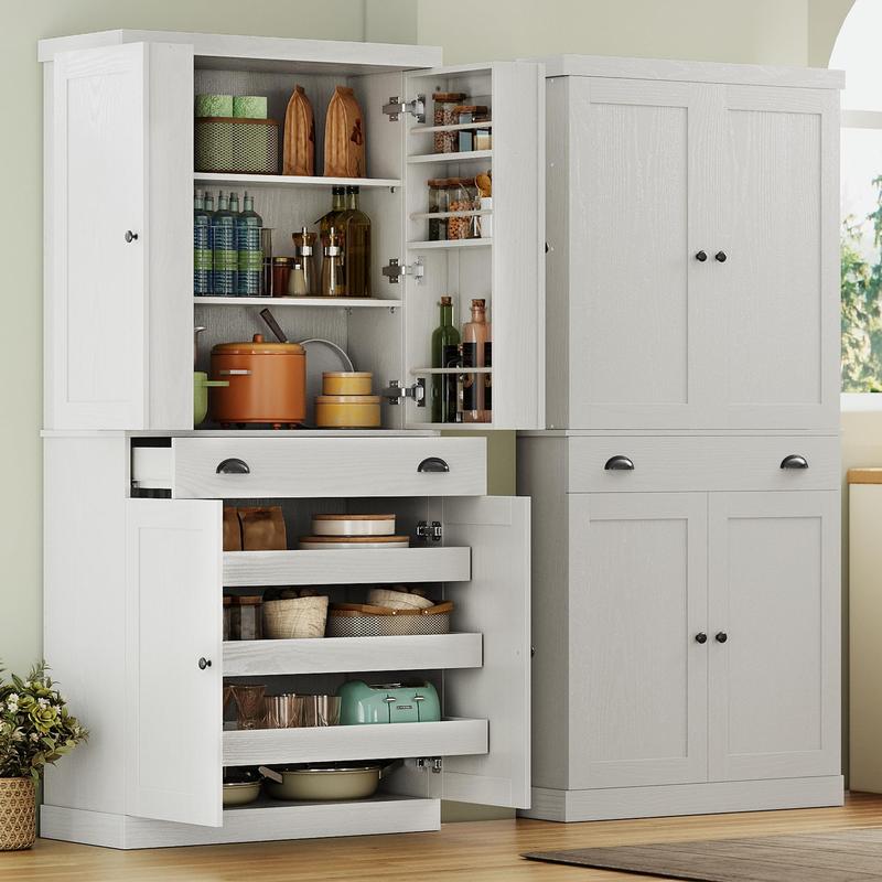 (Envío en 2 paquetes) Armario de cocina independiente IRONCK de 72", mueble de interior moderno que ahorra espacio con cajón, estante deslizante, 6 estantes colgantes, herrajes incluidos, armarios de almacenamiento