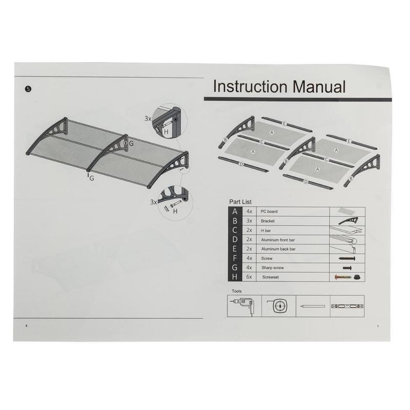 Toldo para ventana y puerta Ubesgoo, cubierta de policarbonato para puerta principal, toldo para patio exterior, protección UV, lluvia, nieve y luz solar, lámina hueca, tablero marrón y soporte blanco.