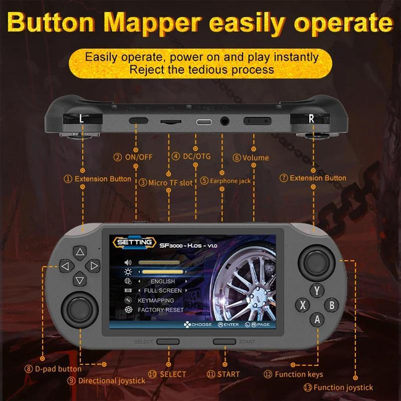 Consola de juegos portátil retro SF3000 con pantalla IPS de 4,5 pulgadas, batería de 3000 mAh y tarjeta TF de 16 GB para niños. Regalo ideal para niños. Accesorios para juegos. Cables para juegos. Gadgets geniales. Consola de juegos compacta. Consolas de