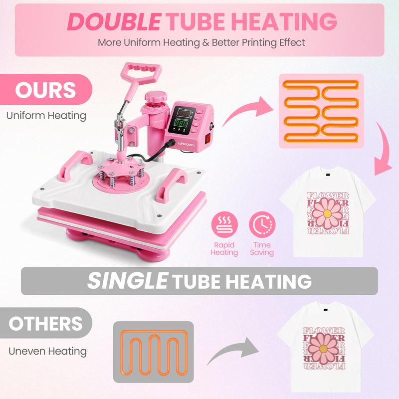 Máquina de prensado térmico rosa de 15''x12'' para camisetas, máquina de transferencia térmica 5 en 1, prensa de impresión térmica para sublimación combinada con giro de 360° para gorras, tazas y platos, fácil de usar para principiantes, diseño de regalos