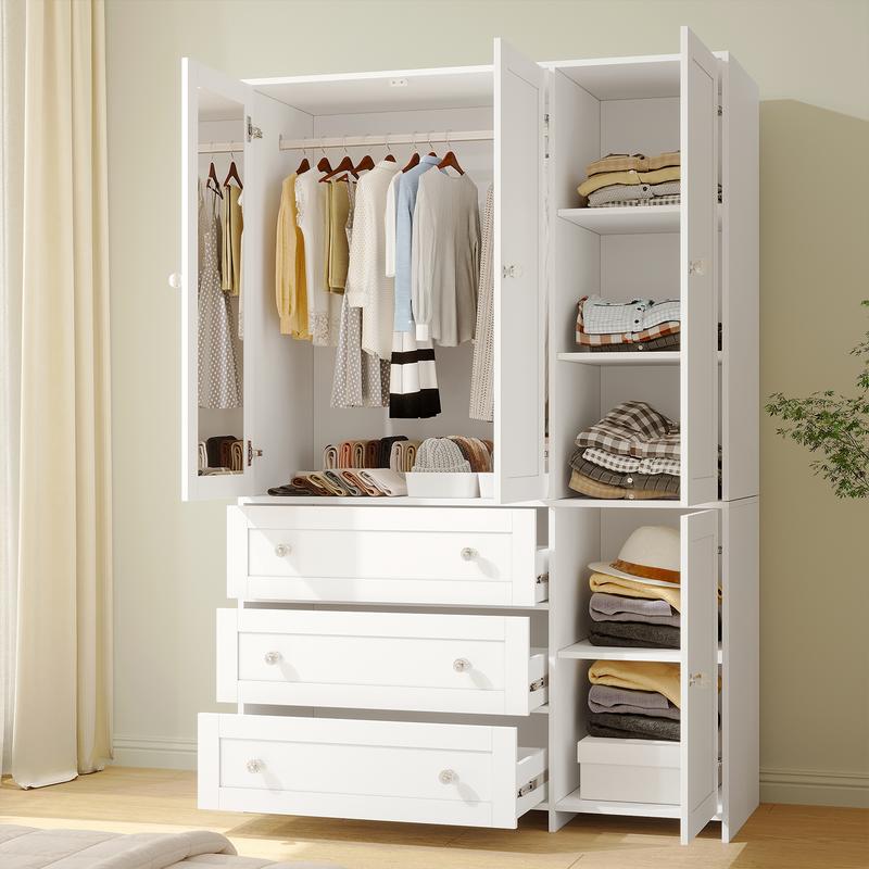 【Entrega en 2 paquetes】VOWNER Armario de madera, mueble de almacenamiento con 3 puertas y barra para colgar ropa, ideal para dormitorio. Armario alto independiente de gran capacidad con estantes.