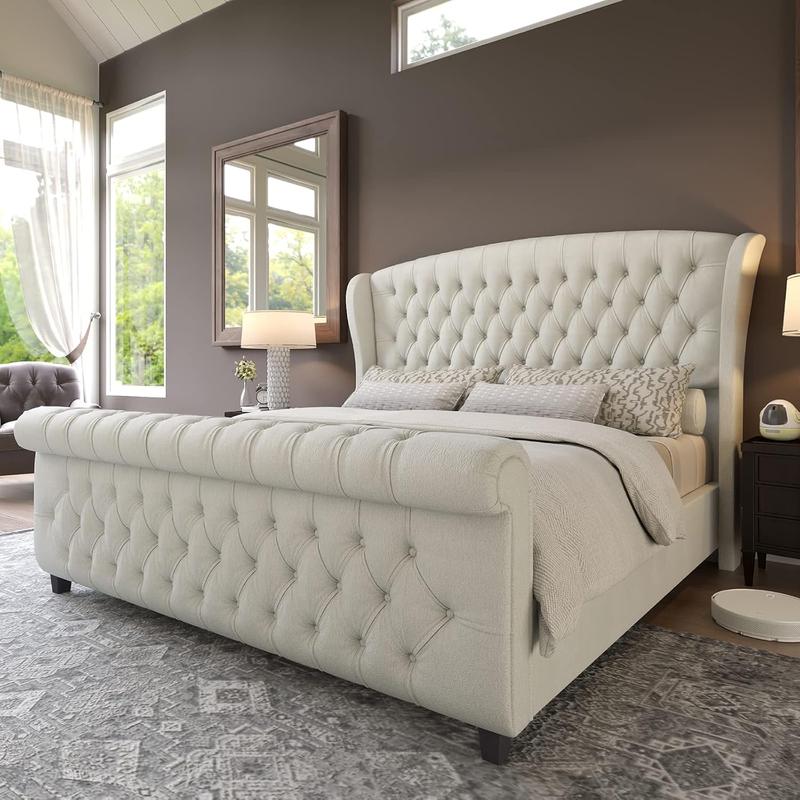 Estructura de cama tipo plataforma AMERLIFE, cama trineo tapizada en terciopelo con cabecero y piecero con alas curvas / No requiere somier / Regalo de Navidad / Las mejores ideas para regalos