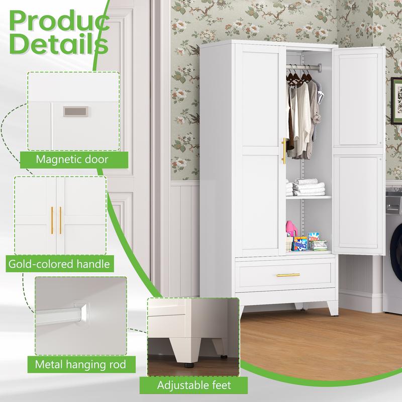 Armario metálico de 180 cm (71"), blanco, para dormitorio, con espejo, 1 cajón, estantes ajustables y barra para colgar ropa. Armario de acero independiente con espejo, ideal para dormitorio y habitación de invitados.