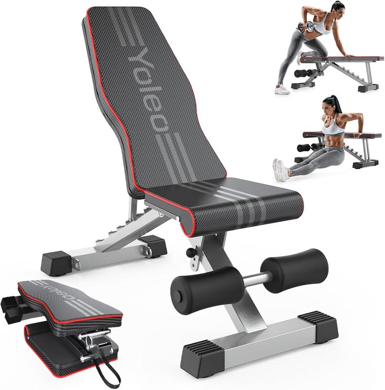 Banco de pesas ajustable Yoleo, banco de entrenamiento plegable para gimnasio en casa, entrenamiento de fuerza de cuerpo completo, banco utilitario plano e inclinado con ajuste rápido.