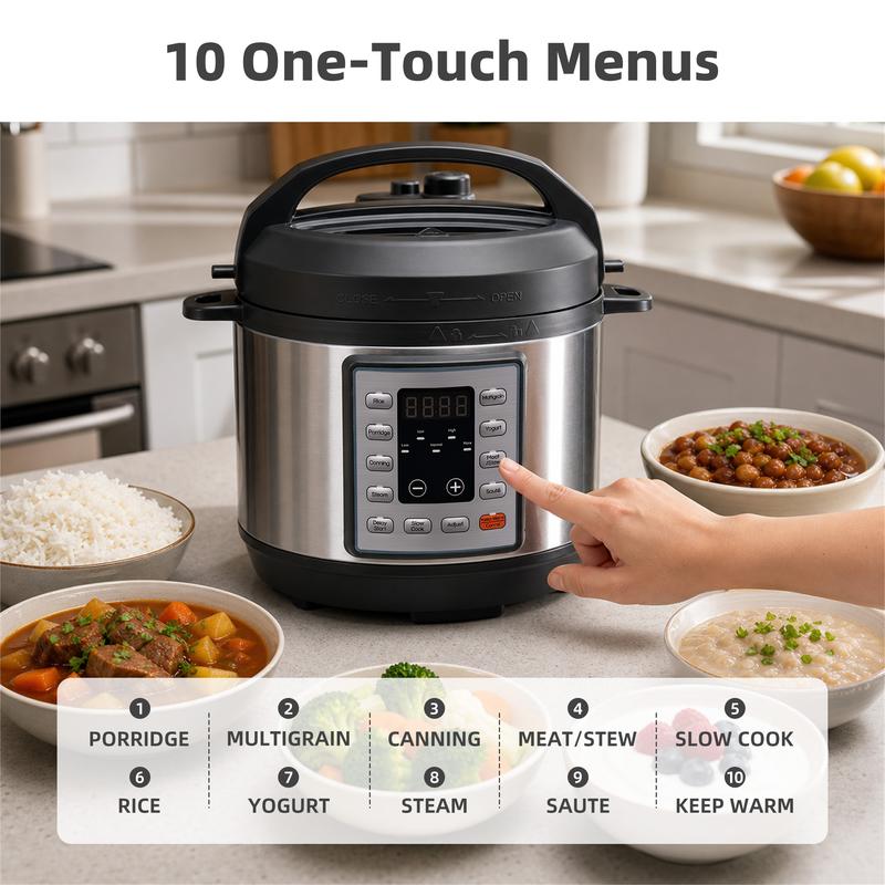 Olla a presión eléctrica: electrodoméstico de cocina multifuncional con programas preestablecidos para arroz, sopa, frijoles y preparación fácil de comidas familiares.