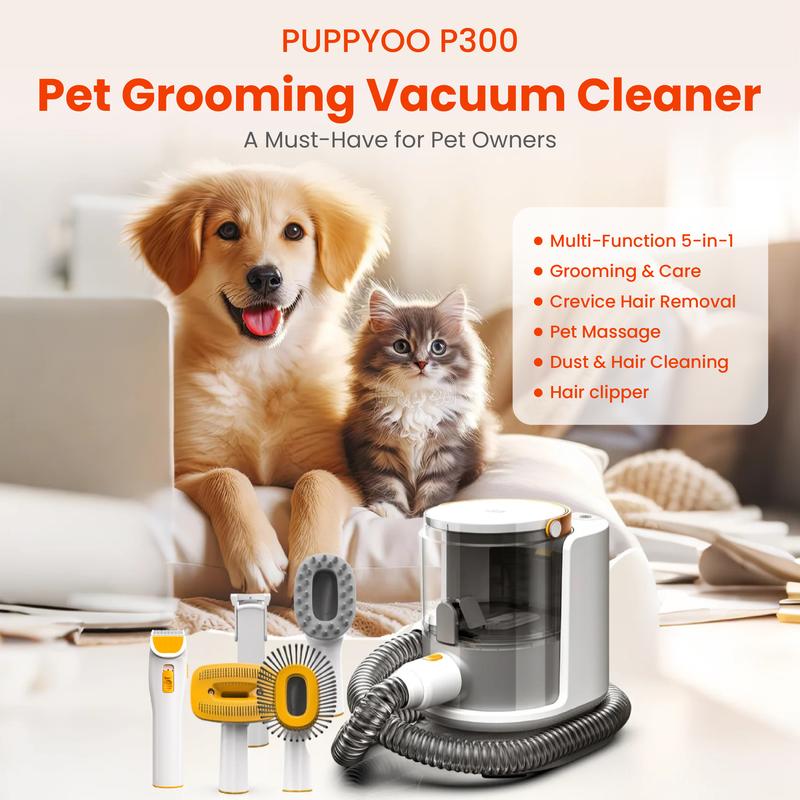 Kit de aseo para perros PUPPYOO 5 en 1 con aspiradora de 13000 Pa para perros y gatos, depósito de polvo de 1,5 L, cable de 4 m, funcionamiento ultrasilencioso, peines guía ajustables y rodillo removedor de pelo.
