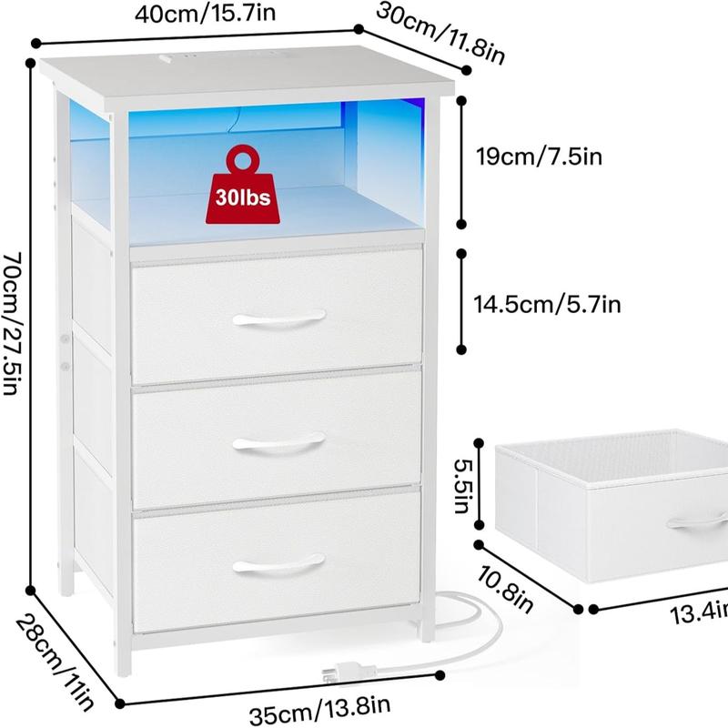 【Summergarden】Mesita de noche con estación de carga, mesita de noche LED con puertos y tomas USB, 2 cajones de almacenamiento de tela con acabado de PU, mesita de noche pequeña, negra