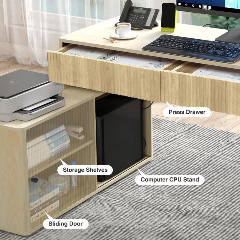 Escritorio moderno Giratree para PC con almacenamiento, escritorio esquinero en forma de L con cajones, escritorio para oficina en casa para dormitorio y espacios pequeños, para escribir, ejecutivo, estudio, trabajo, tocador.