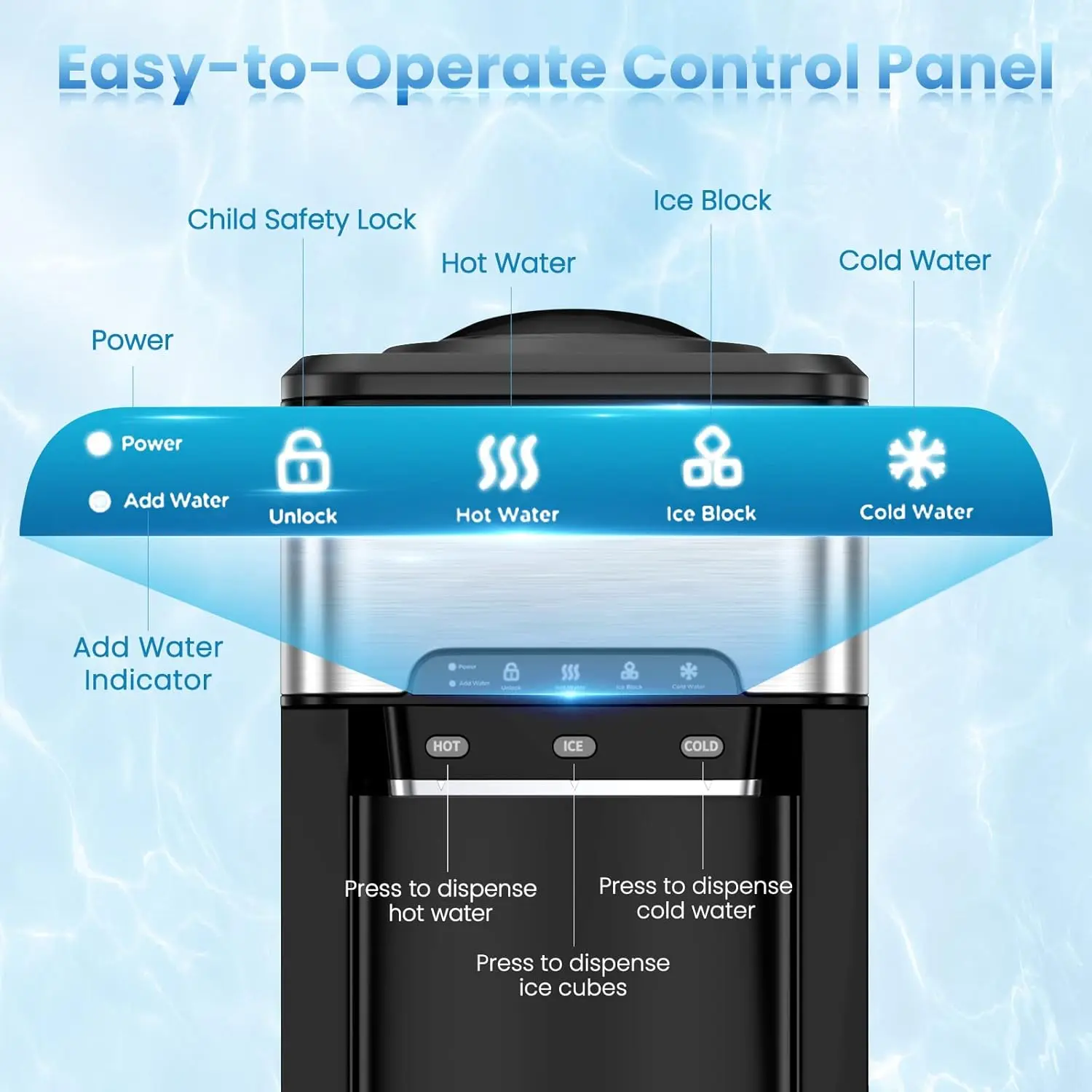 Dispensador de agua de sobremesa con máquina de hielo; dispensador 3 en 1 de carga superior para agua fría y caliente (garrafas de 5 galones) y producción de 48 libras de hielo al día.