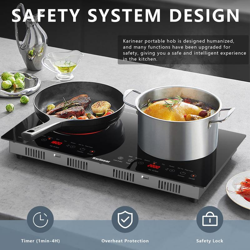 Placa de cocina eléctrica portátil multifunción Karinear de 2 quemadores, cocina eléctrica con control táctil, bloqueo de seguridad para niños, temporizador, protección contra sobrecalentamiento, electrodoméstico de cocina, placa de cocina portátil.