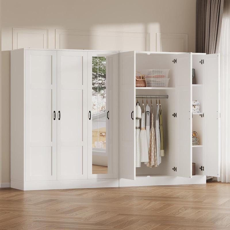 Armario moderno de madera blanca de 3 puertas FUSOU - Mueble de almacenamiento independiente con espejo de cuerpo entero, estantes ajustables, barra para colgar ropa, organizador de ropa, se envía en 2 paquetes para la organización del armario del dormito