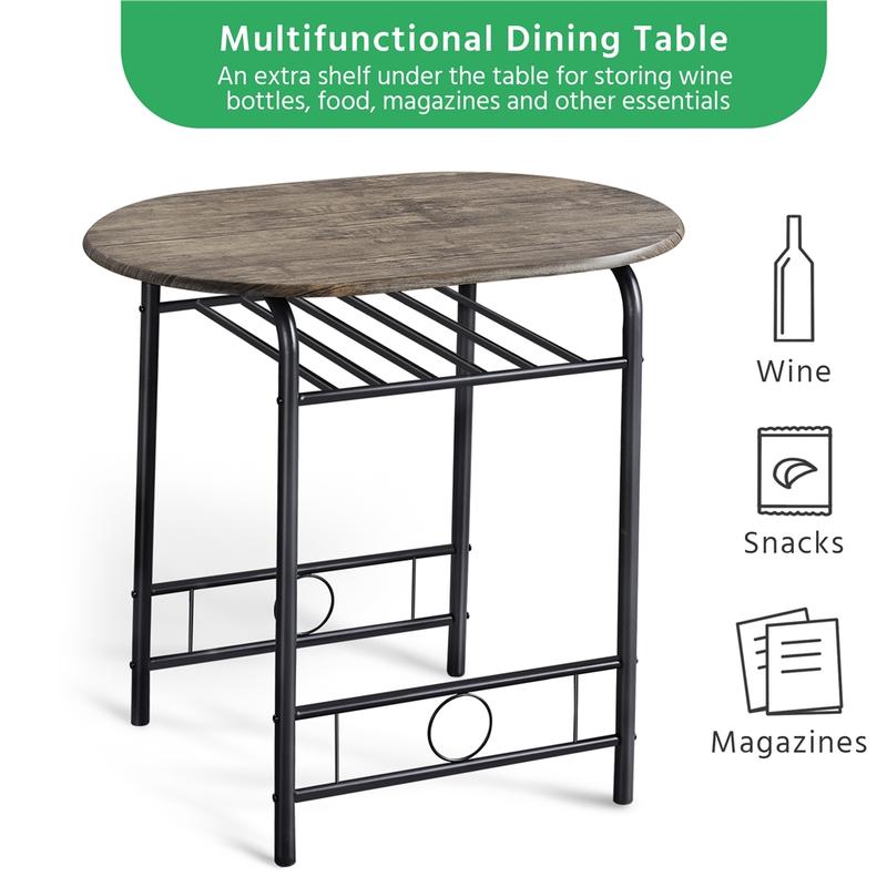 Juego de mesa de comedor de 3 piezas, mesa de cocina y sillas para 2 personas con patas de acero y estante de almacenamiento para cocina, apartamento o espacio pequeño.