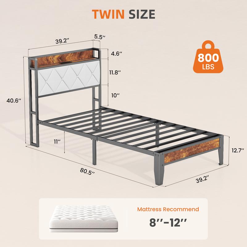 Estructura de cama completa con cabecero, espacio de almacenamiento debajo de la cama, puertos de carga integrados, diseño robusto y silencioso, montaje sin herramientas, no requiere somier.