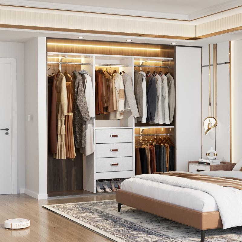 Armario vestidor Cyclysio de 152 cm de ancho con 3 compartimentos - Organizador de armario resistente de 1,5 m con cajones, barras para colgar ropa, 3 estantes y paneles ajustables, muebles para espacios pequeños, ideas de organización del hogar para habi