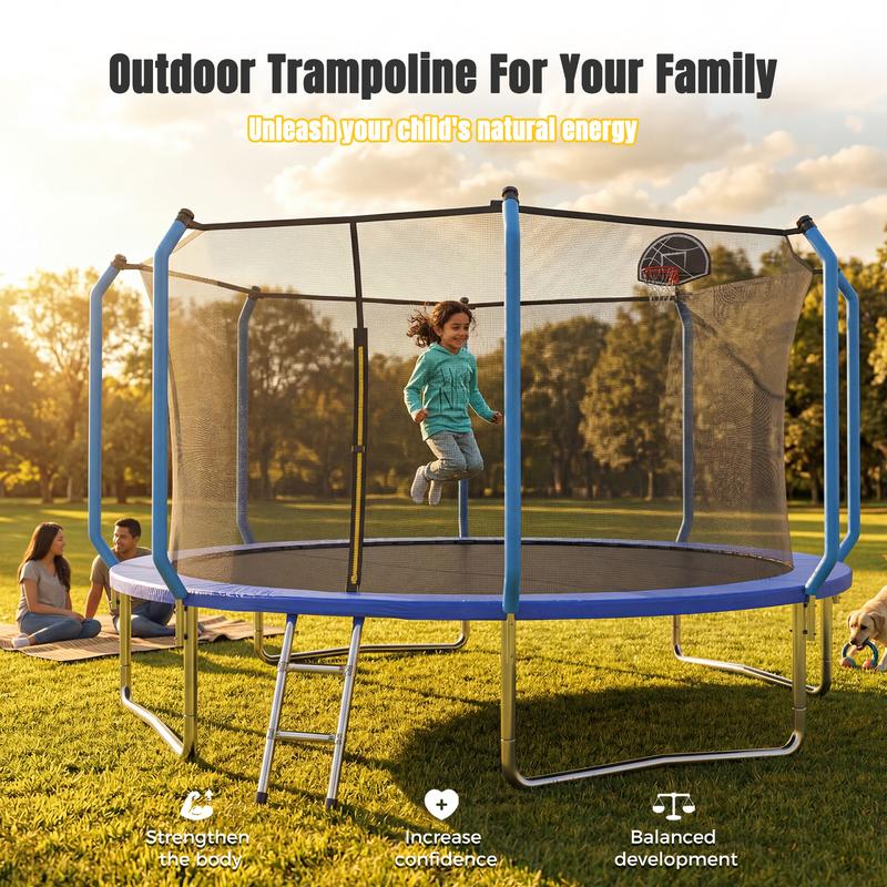 Cama elástica azul de 8/10/12/14 pies para parque infantil, tamaño estándar, con escalera y aro de baloncesto. Cama elástica resistente para exteriores, reforzada y de mayor grosor. Marca: summerwins.