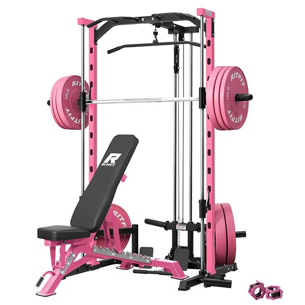 Máquina Smith multifuncional RitFit PSR05 con 13 accesorios incluidos. Máquina Smith, máquina de sentadillas, jaula de potencia, sistema de gimnasio en casa, estación de gimnasio en casa, equipo de entrenamiento de fuerza (negro/rosa), máquina de ejercici