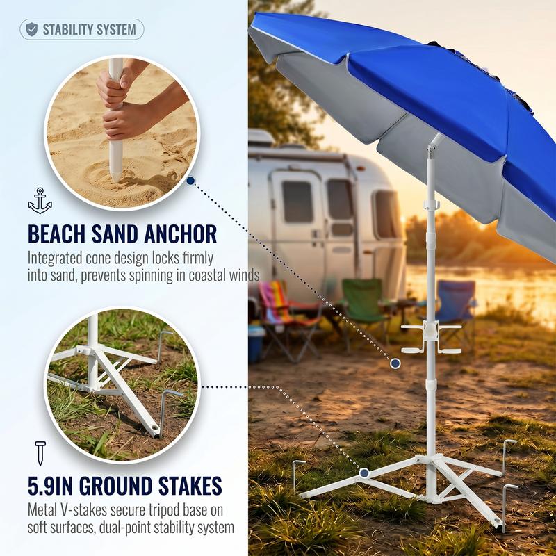 Sombrilla portátil con base, sombrilla de exterior con protección solar UPF 50+ con bolsa de transporte, gancho y portavasos integrados, protección solar instantánea ajustable para juegos, deportes, jardín, patio, camping, playa, pesca, azul real, #Summer