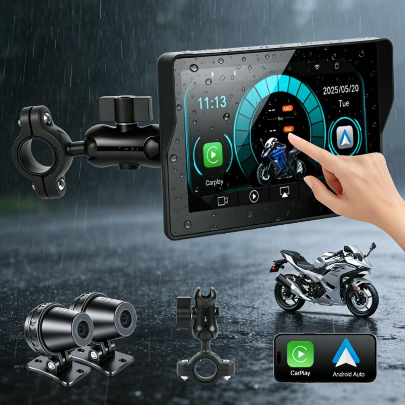 Pantalla para cámara de salpicadero de motocicleta con CarPlay, 5 pulgadas, legible a la luz del sol, resistente al agua y portátil, CarPlay inalámbrico y Android Auto, montaje rápido en el manillar, pantalla táctil con cámaras duales delantera y trasera