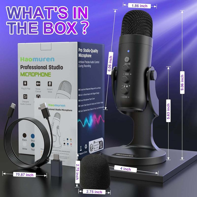 Micrófono de condensador USB Haomuren K66 [sin adaptador Lightning], micrófono para juegos de PC, micrófonos Plug & Play para PS4 y PS5. Ajuste de monitor y control de volumen, control de ganancia del micrófono, botón de silencio para TikTok, YouTube Podc