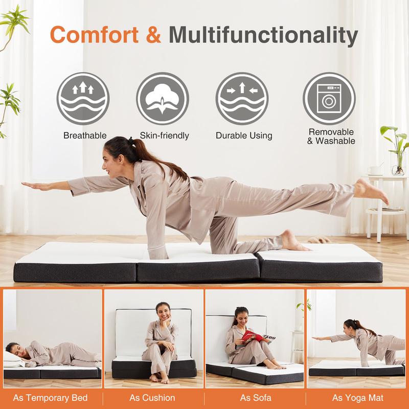 【Oferta】Colchón plegable Sweet Furniture, cubrecolchón de espuma viscoelástica plegable en tres partes para camping, cubrecolchón plegable con funda lavable