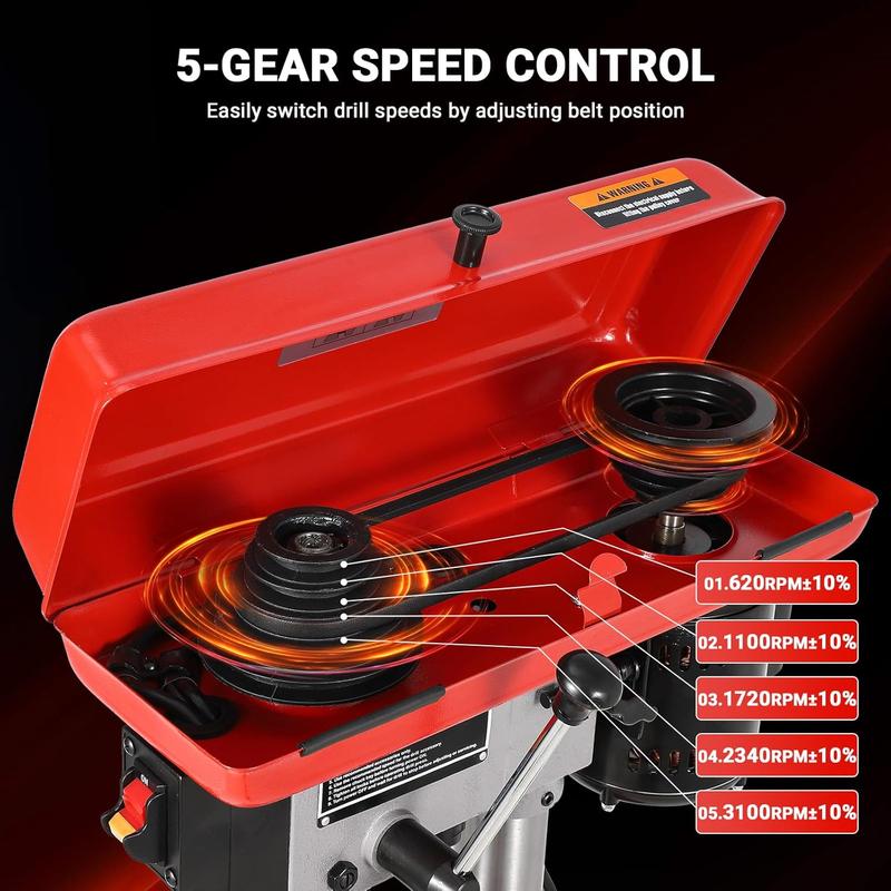 Taladro de sobremesa de 8", rayo láser (Clase II, máx. 1 mW), máquina de perforación de sobremesa con 5 velocidades ajustables (de 620 a 3100 RPM), mesa de trabajo inclinable de 0 a 45° con luz LED (1 W), para madera o metal.