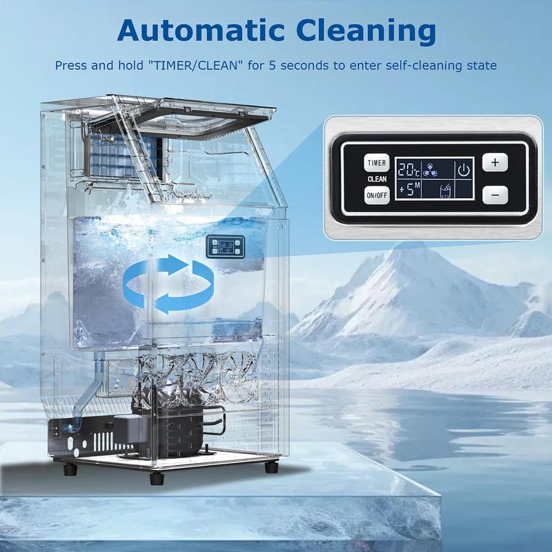 Kismile Máquina para hacer hielo comercial, 2026 mejorada 66 libras/80 libras/100 libras/120 libras 24 horas máquina de hielo de acero inoxidable con capacidad de almacenamiento de 33 libras, máquina de hielo independiente autolimpiante para el hogar, bar
