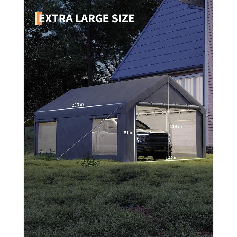 Cochera/garaje portátil resistente de 3,6 x 6 m, toldo de lona de PE de 200 g con 2 puertas enrollables y 4 ventanas, refugio de almacenamiento exterior para camionetas, SUV, barcos y eventos, disponible en caqui, gris y blanco.