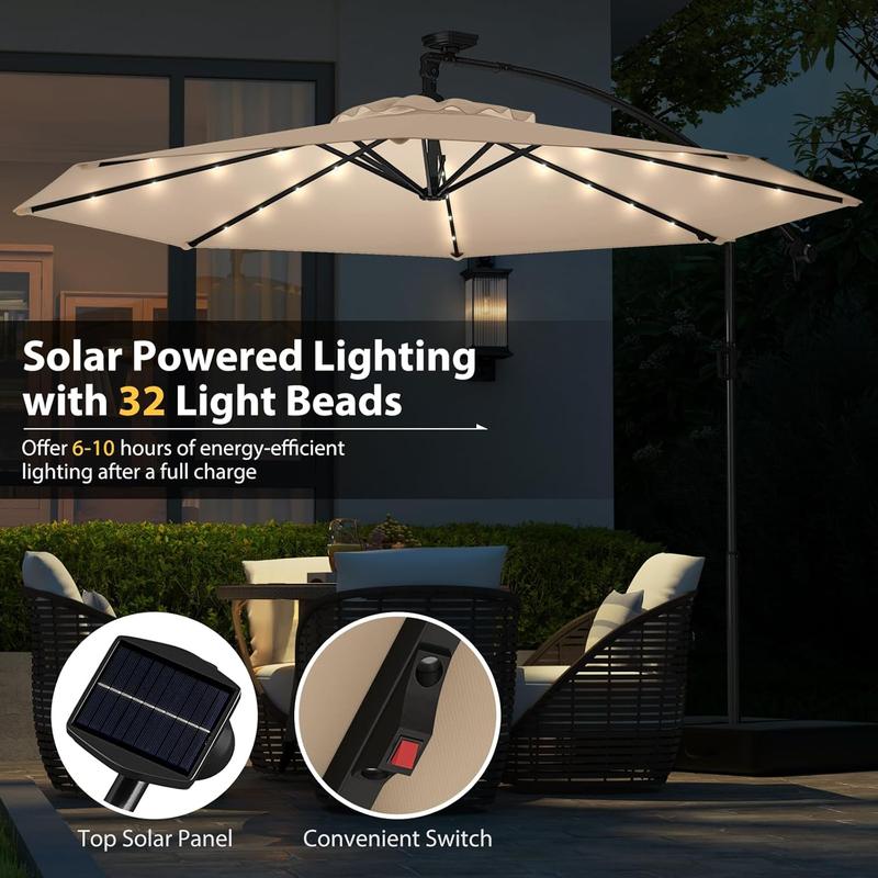 Sombrilla de patio solar giratoria de 360° de 3 metros, sombrilla de exterior con brazo lateral descentrado, fácil ajuste de inclinación, manivela y base en cruz para piscina, terraza, jardín o patio trasero.