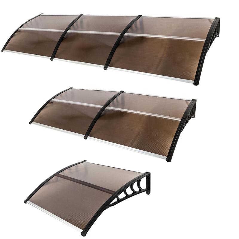 Toldo para ventana y puerta Ubesgoo, cubierta de policarbonato para puerta principal, toldo para patio exterior, protección UV, lluvia, nieve y luz solar, lámina hueca, tablero marrón y soporte blanco.