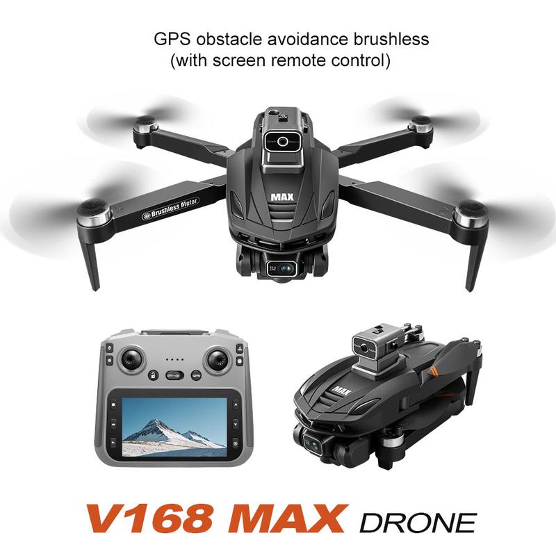 Dron cuadricóptero V168 MAX con GPS, controlador de pantalla 5G, diseño moderno, estructura plegable, evasión de obstáculos en 4 lados, cámaras duales, giro de 360°, control por gestos, vuelo/retorno con un clic, 2 baterías para jugadores aficionados (reg