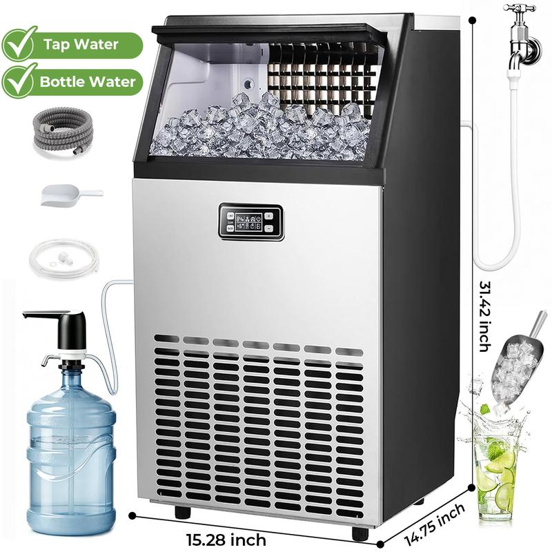 Kismile Máquina para hacer hielo comercial, 2026 mejorada 66 libras/80 libras/100 libras/120 libras 24 horas máquina de hielo de acero inoxidable con capacidad de almacenamiento de 33 libras, máquina de hielo independiente autolimpiante para el hogar, bar