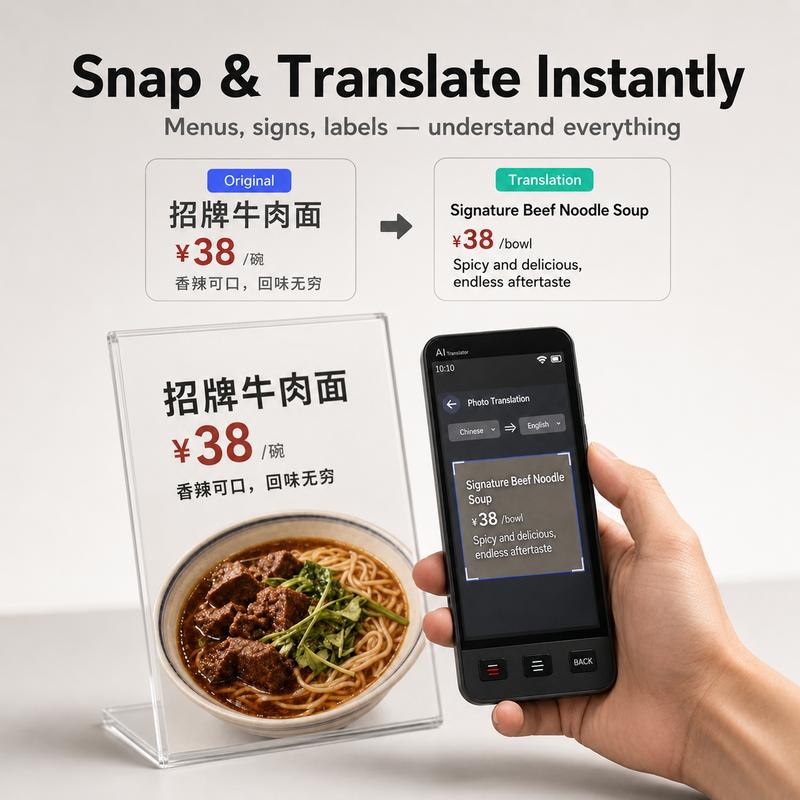 TryTalk AI es un dispositivo traductor bidireccional portátil y compacto con un diccionario electrónico inteligente con pantalla táctil (con memoria), la aplicación ChatGPT, compatibilidad con 142 idiomas (19 sin conexión), traducción de voz/imagen/texto 