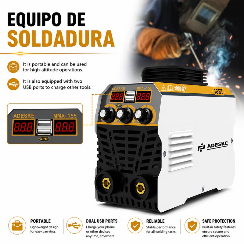 Soldadora de arco portátil ADESKE Mini 155A - Soldadora portátil, doble voltaje 110V/220V, pantalla digital, kit completo de soldadura con varillas de soldadura para proyectos de bricolaje en metal, reparaciones domésticas, actualización de herramientas