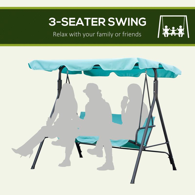 Silla colgante de exterior de 3 plazas para patio con cojín extraíble, estructura de acero y toldo inclinable ajustable para patio, jardín, piscina, balcón o terraza.