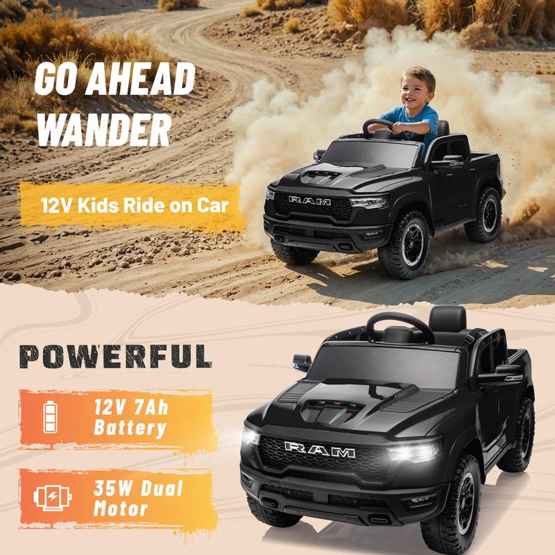 Primer coche eléctrico infantil Dodge RAM 1500 con control remoto, suspensión en las 4 ruedas, cinturón de seguridad de 5 puntos, Bluetooth MP3, luces LED, juguete eléctrico para niños de 3 a 6 años, el mejor regalo de Navidad para niños, Black Friday
