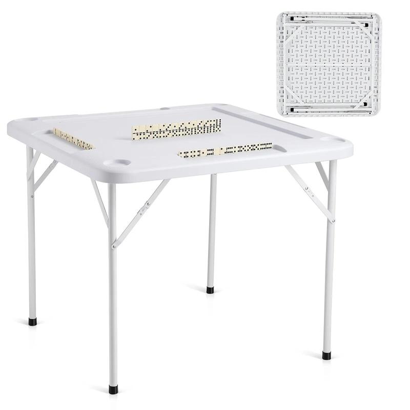 Mesa de Mahjong VEVOR, cuadrada, plegable, para 4 jugadores, con 4 portavasos y 4 bandejas para fichas, mesa de juego de dominó portátil con 1 juego de dominó para Mahjong, póker y rompecabezas, 90 x 90 cm, blanca.