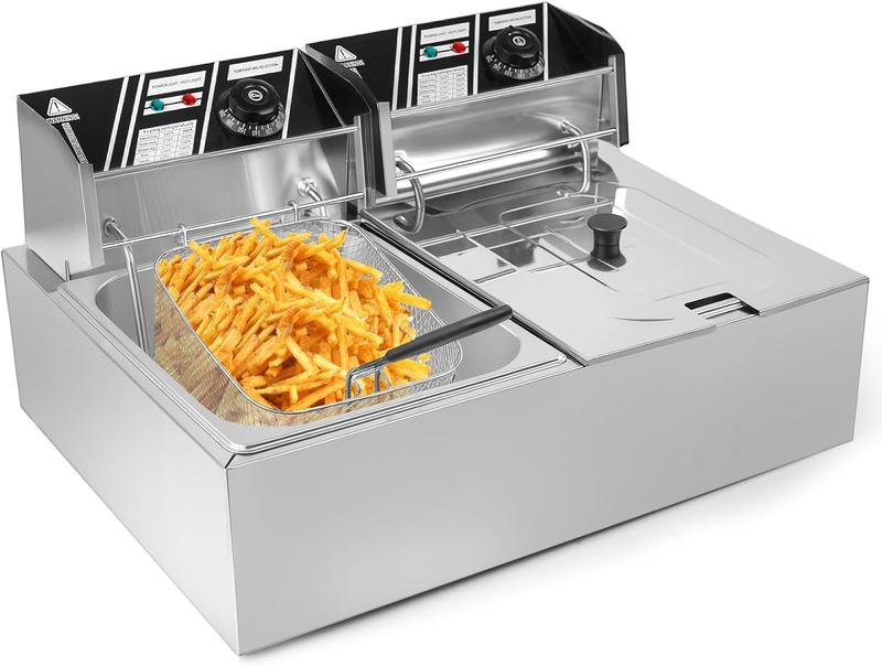 Freidora de doble cesta de 3400 W - Freidora eléctrica de acero inoxidable de 12 L con control de temperatura independiente, depósitos de aceite desmontables y tubos calefactores en forma de U.